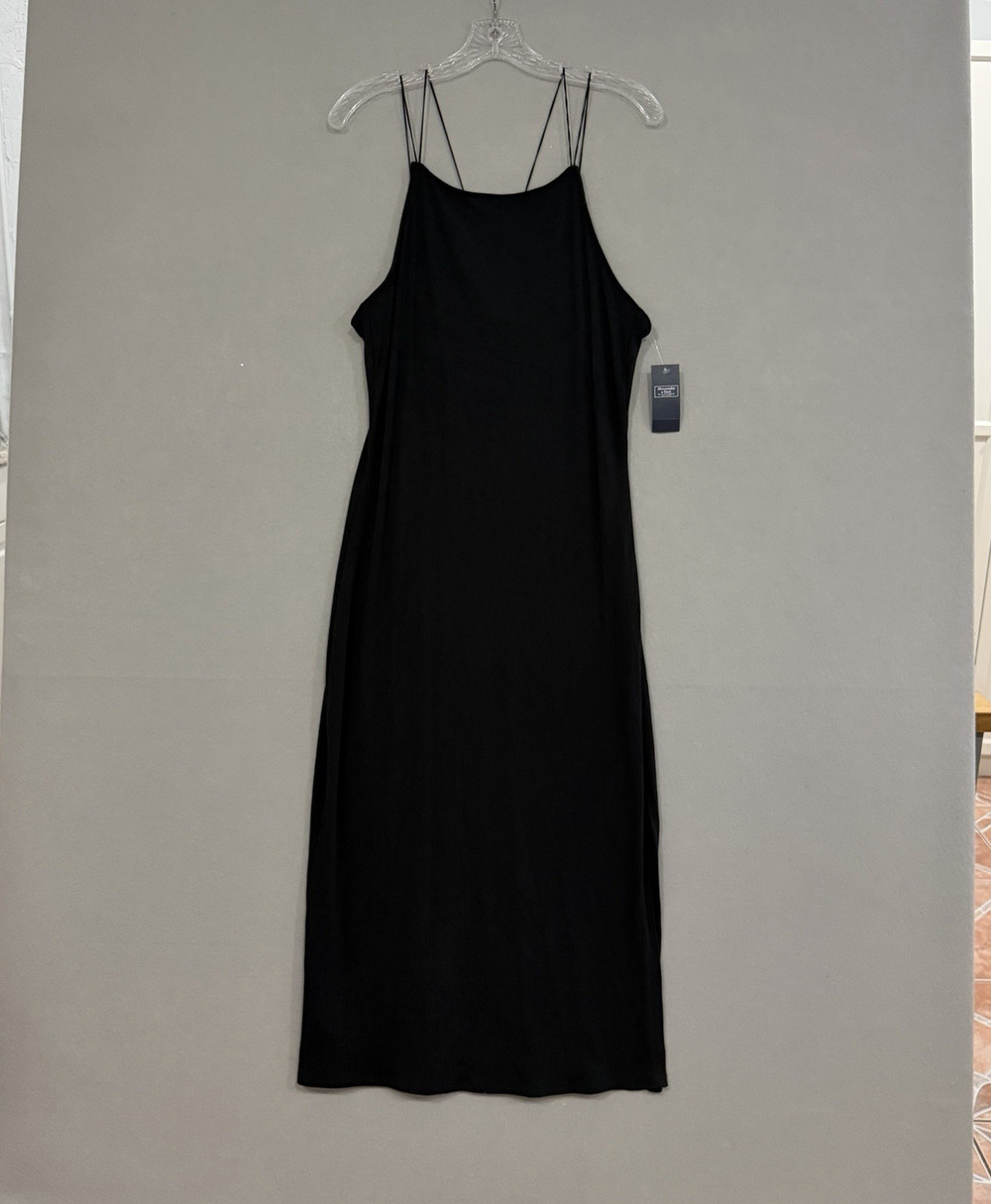 Abercrombie & Fitch Midi Dress XL Petite Black Ribbed Knit Side Slit NWT